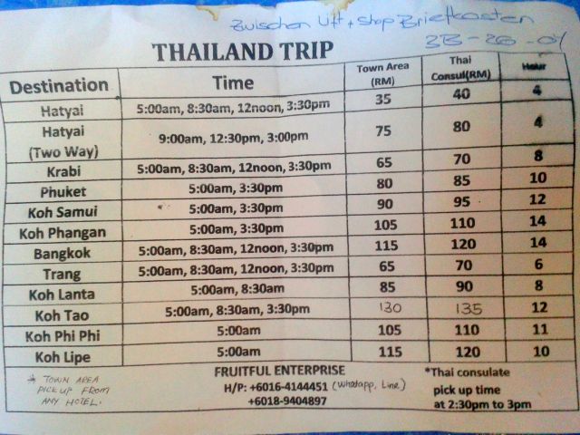 Bus-Transfer von Penang nach Thailand (Preis in Ringgit).